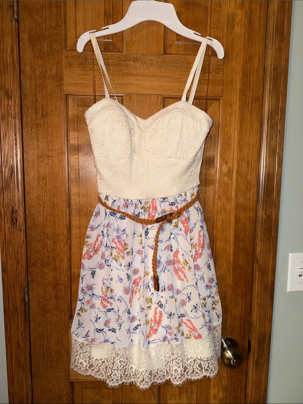 Lily Rose Ivory Lace Bodice Floral Strapless Dress with Braided Belt
